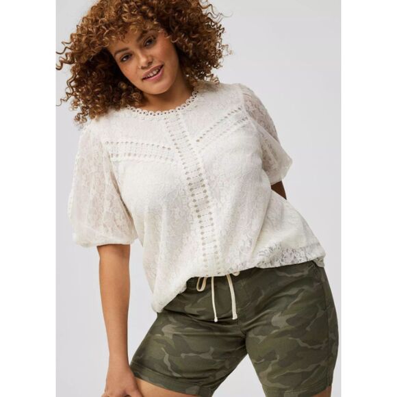 Torrid Blouse 1X Women's White Lace Puff Sleeve Crew Neck Back Button Closure - Picture 1 of 6